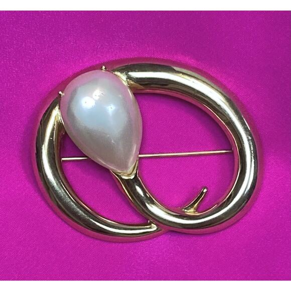 Vintage EDWIN PEARL PEP Brooch Pin Gold Tone w/ Pearl 2” x 1.75" RARE - Picture 2 of 13